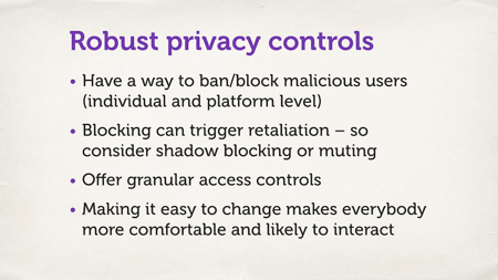 A slide with a bulleted list. “Robust privacy controls”.