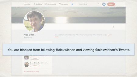 A screenshot of my Twitter bio, with the text “You are blocked from following @alexwlchan and viewing @alexwlchan’s Tweets” highlighted.