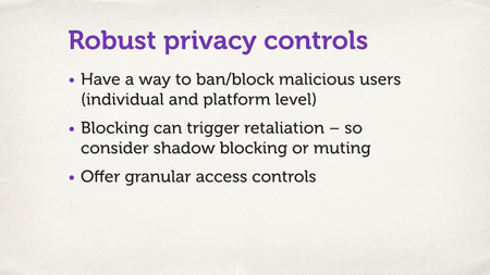 A slide with a bulleted list. “Robust privacy controls”.