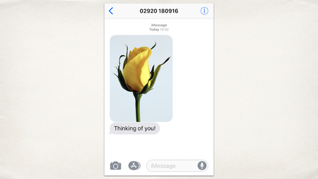 A screenshot of a messaging app with a picture of a yellow flower and a message “Thinking of you!”.