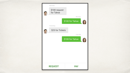 A screenshot of a chat app with green and grey chat bubbles, with two buttons at the bottom: “Request” and “Pay”.