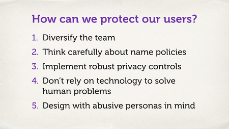 Slide with a numbered list. “How can we protect our users?”