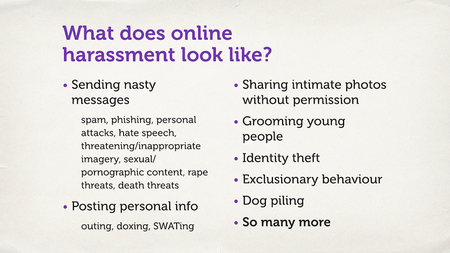 Text slide. “What does online harassment look like?”