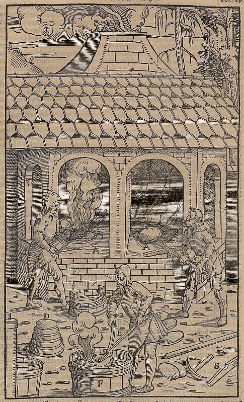 A sixteenth-century woodcut of three people smelting copper.