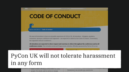 A screenshot from the Code of Conduct, with the text “PyCon UK will not tolerate harassment in any form” highlighted.