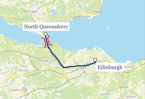 A map showing the railway line between Edinburgh and North Queensferry.