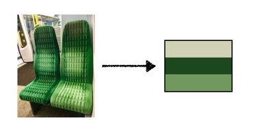 The photo of the green chairs, with an arrow pointing to a swatch with a very large green, a dark green, and a mid green.
