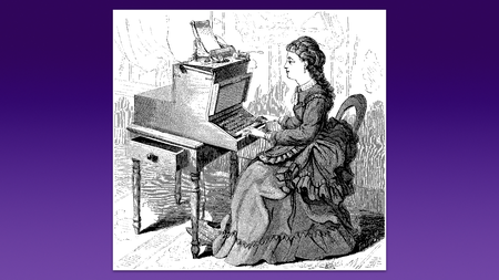 A black-and-white artwork of a woman sitting at a table. There’s a large machine with a keyboard on the table.