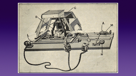 A sepia drawing of a machine with a scanning frame and a pair of headphones on a cord.