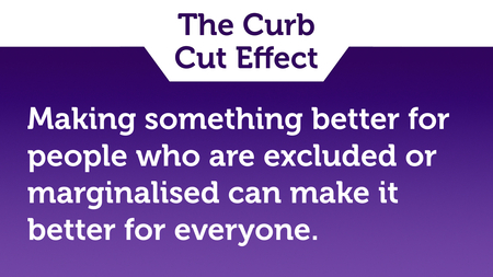 Text slide, white text on purple. “Making something better for people who are excluded or marginalised makes it better for everyone.”