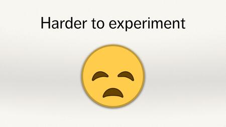 A sad yellow emoji face, below the text “Harder to experiment”.