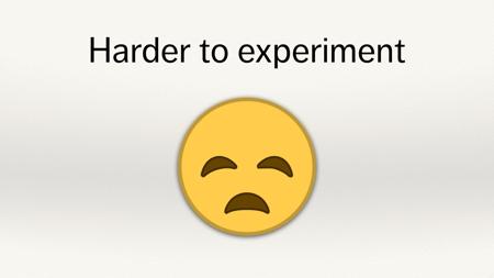 A sad yellow emoji face, below the text “Harder to experiment”.