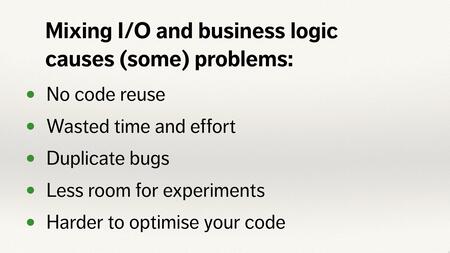 Summary slide, with a list of the problems of mixing I/O and business logic.