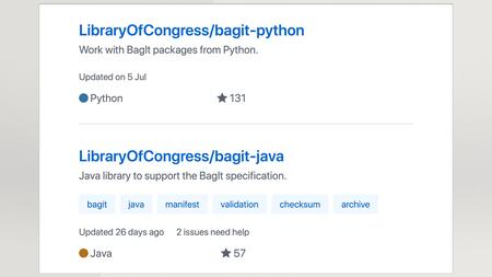 GitHub search result for two libraries: LibraryOfCongress/bagit-python, and LibraryOfCongress/bagit-java.