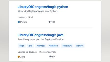 GitHub search result for two libraries: LibraryOfCongress/bagit-python, and LibraryOfCongress/bagit-java.