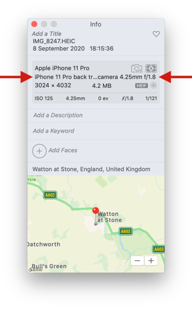 Screenshot of an Info panel. A line is highlighted with red arrows: ‘iPhone 11 Pro back tr…camera 4.25mm f/1.8’.