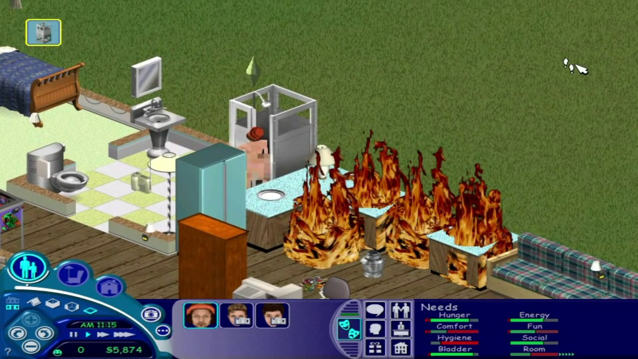 Screenshot of a kitchen in a game world. Several units in the kitchen are on fire.