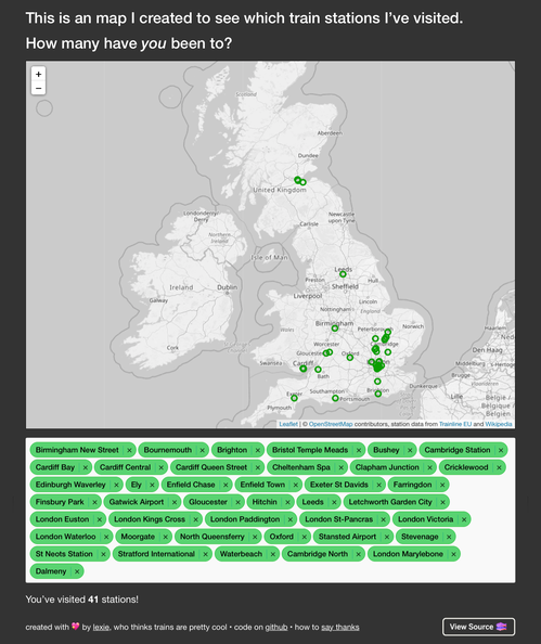 Screenshot of an app. Most of the app is a grayscale map of the UK with green circles dotted all over it, and below it is a text field with a list of station names in green bubbles.