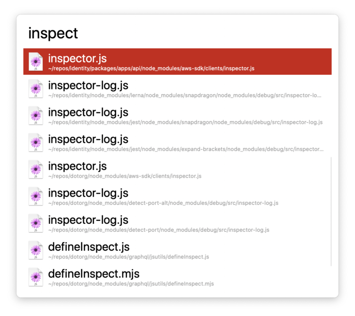 Screenshot of a search tool for the word 'inspect'. It shows a list of nine results, each with a path under it that goes to a subpath of a node_modules folder.