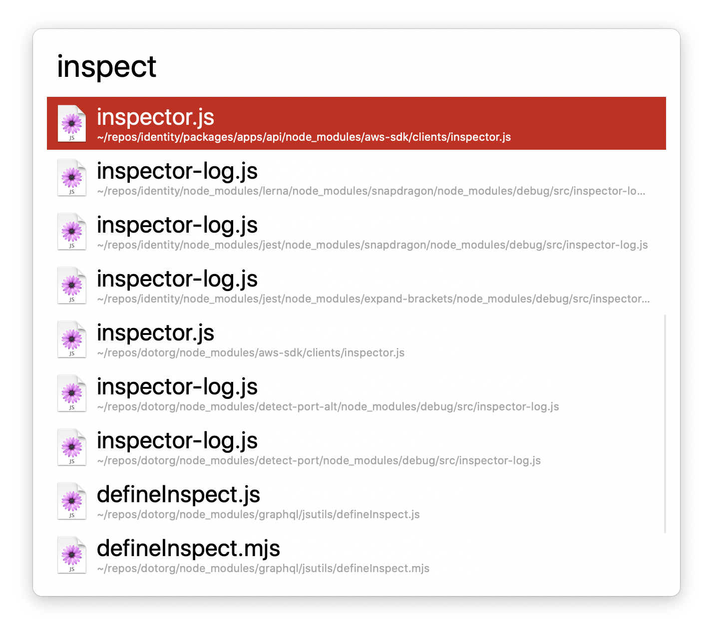 Screenshot of a search tool for the word 'inspect'. It shows a list of nine results, each with a path under it that goes to a subpath of a node_modules folder.