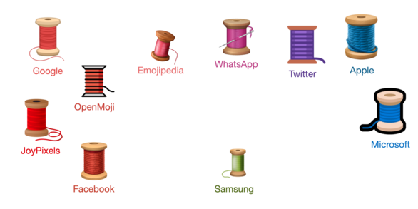 A collection of different thread emojis, labelled by the platform/company they’re from. There are four red spools on the left, two blue spools on the right, a purple and two pink spools along the top, and a green spool along the bottom.