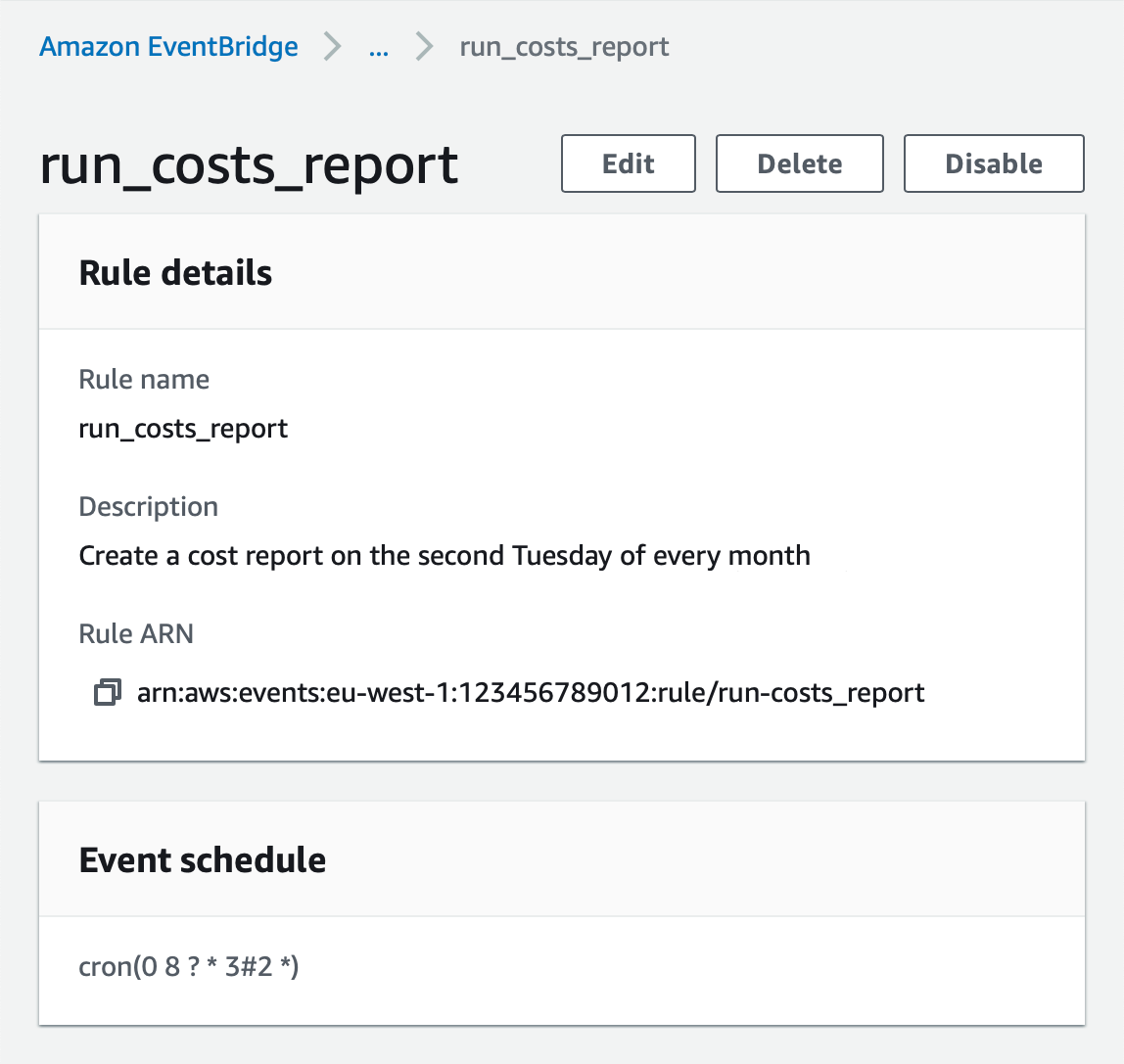 A rule in the EventBridge console. It's titled 'run_costs_report', has a section titled 'Rule details', then a second section titled 'Event schedule' with the expression 'cron(0 8 ? * 3#2 *)'.