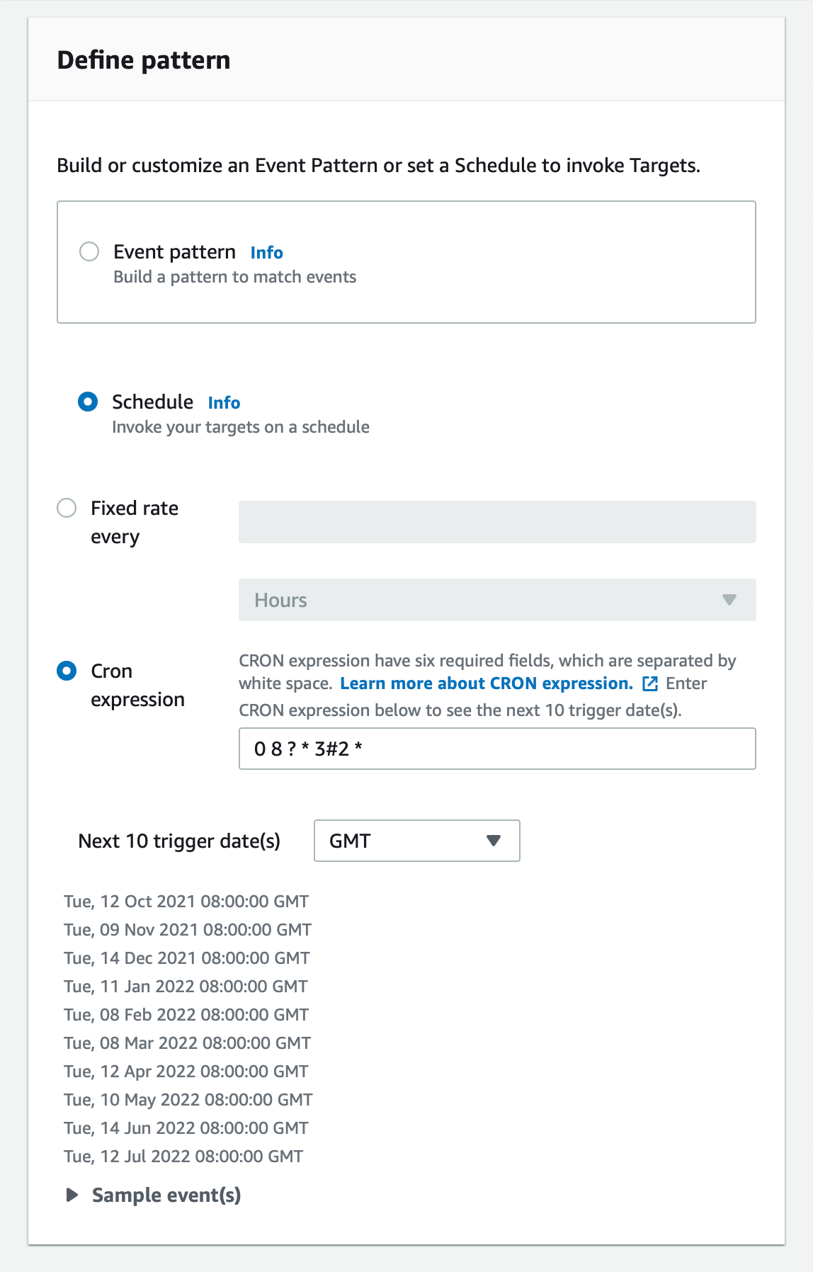 A section in the AWS console titled 'Define pattern', with a text field for editing a cron expression and a list of the next 10 trigger dates at the bottom. There's a selection picker which is currently 'GMT'.