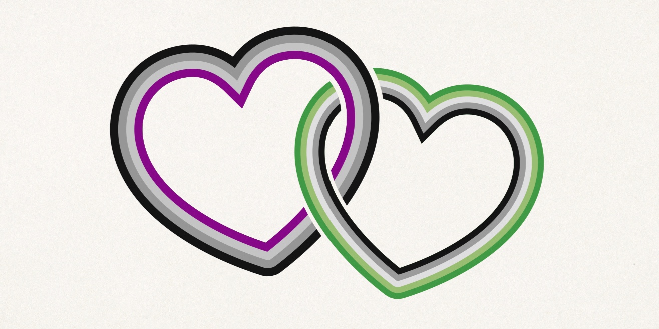 Two interlocking hearts. The left heart is the colours of the asexual pride flag (black, grey, white, purple), and the right heart is the colours of the aromantic pride flag (dark green, light green, white, grey, black).