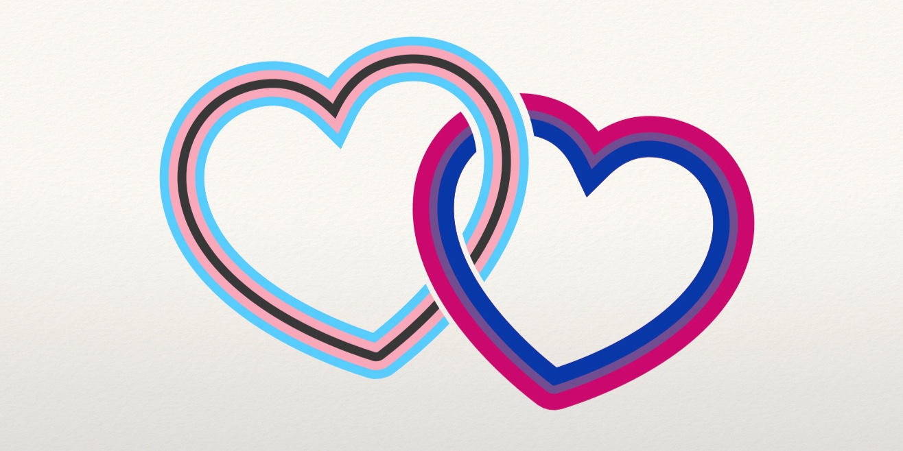 Two interlocking hearts. The left heart is the colours of the black trans pride flag (baby blue, baby pink, black, baby pink, baby blue), and the right heart is the colours of the bi pride flag (dark pink, purple, dark blue).