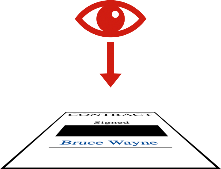 A red eye looking down towards a single rectangles (representing a layer). The layer has the signed contract with the signature covered by a black box.