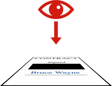 A red eye looking down towards a single rectangles (representing a layer). The layer has the signed contract with the signature covered by a black box.