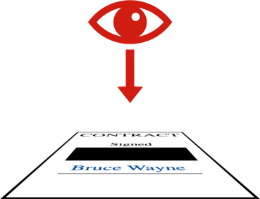 A red eye looking down towards a single rectangles (representing a layer). The layer has the signed contract with the signature covered by a black box.