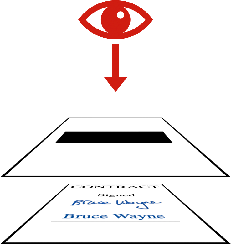A red eye looking down towards two rectangles (representing layers) that are stacked vertically. The lower layer has the signed contract; the upper layer has a black box.