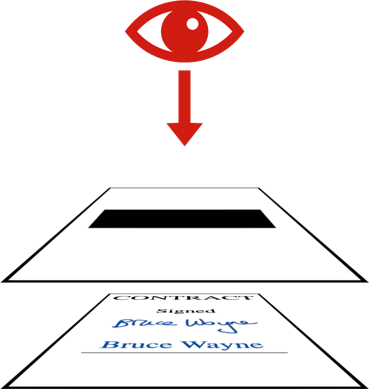 A red eye looking down towards two rectangles (representing layers) that are stacked vertically. The lower layer has the signed contract; the upper layer has a black box.