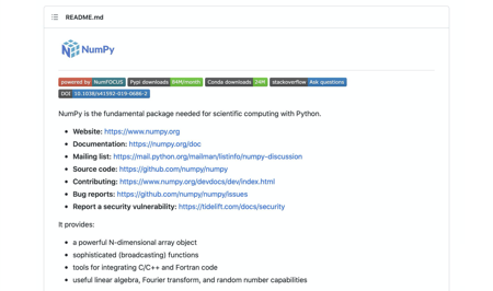 Screenshot of the numpy README.