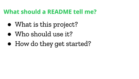Text slide. It has a title in green 'What should a README tell me?' and three bullet points: 'What is this project?' 'Who should use it?' 'How do they get started?'.