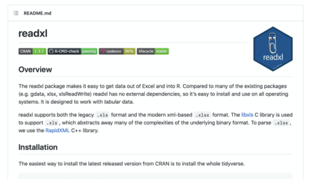 Screenshot of the README for readxl.