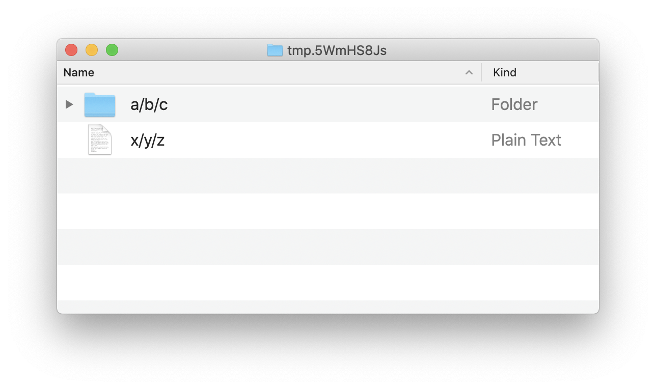 A Finder window with two entries. The first is a folder named 'a/b/c' (a slash b slash c), the second is a text file named 'x/y/z' (x slash y slash z).