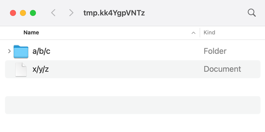 A Finder window with two entries. The first is a folder named 'a/b/c' (a slash b slash c), the second is a text file named 'x/y/z' (x slash y slash z).
