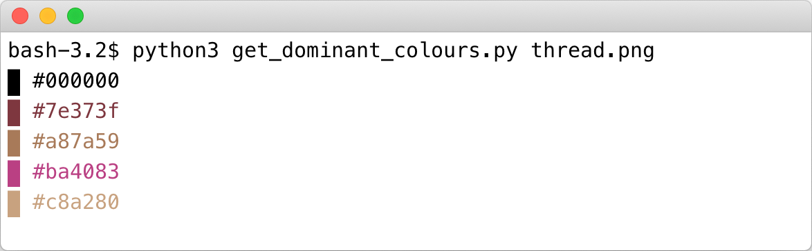 A terminal window running a Python script that prints five hex colours, and a solid block of colour to the left of each code. The hex codes have the same colour as the blocks.