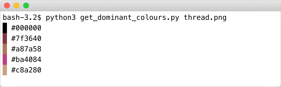 A terminal window running a Python script that prints five hex colours, and a solid block of colour to the left of each code.