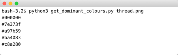 A terminal window running a Python script that prints five hex colours.