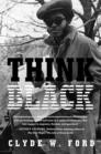 The cover of “Think Black”. A man in a flak cap and dark glasses is holding a newspaper and looking towards the camera. The title is prominently displayed, with the word “Black” made up of horizontal stripes similar to the IBM logo.
