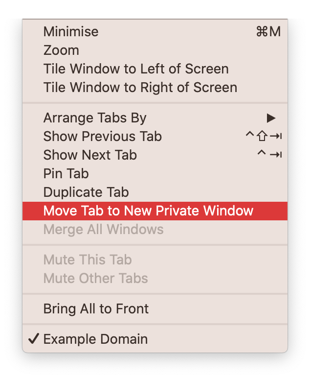 A menu with an item 'Move Tab to New Private Window' highlighted in red.