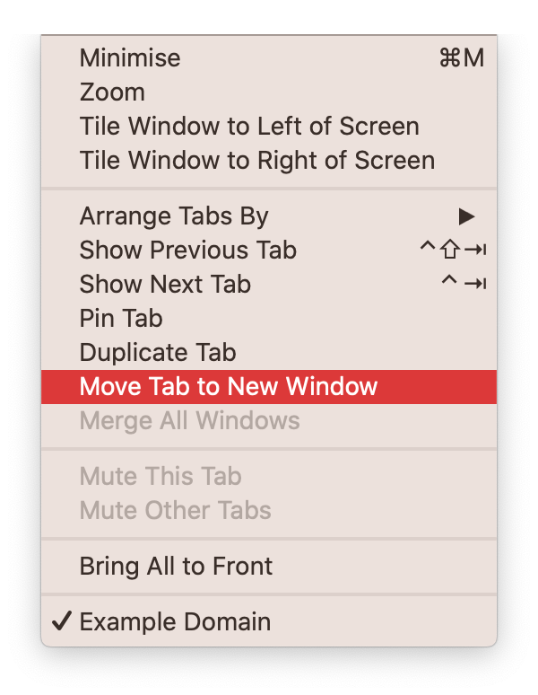 A menu with an item 'Move Tab to New Window' highlighted in red.