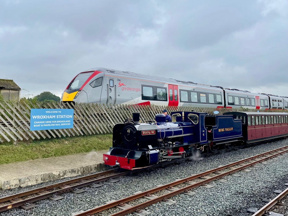 The dark blue tender engine pulling its burgundy carriages, and on a parallel line above and to the left, a grey-and-red modern commuter train, which is much more sleek and streamlined.