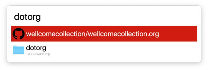 A large search bar with the query 'dotorg', showing two results: a GitHub link to the wellcomecollection.org repo, and a local folder called 'dotorg'.