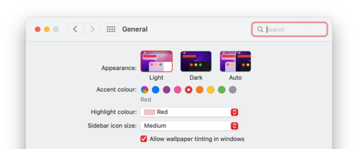 The macOS General preferences, with a preview of Light/Dark/Auto mode and a selection of coloured buttons to choose the accent colour. The currently selected colour is red, which can be seen in the outline of a selected search field in the upper-right corner, the arrows on two select menus, and a checkbox.