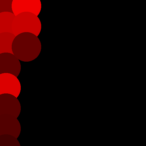 A black background with red circles stacked on top of it. There's one complete column of circles down the left-hand side, then three more circles at the top starting the first column.