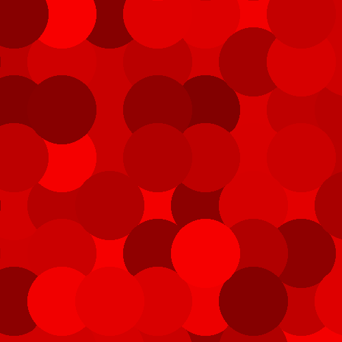 A collection of red circles, still arranged in a grid, but now the overlap is in different directions. Some circles don't have anything on top of them, other circles have circles on top of them in any of the four directions.